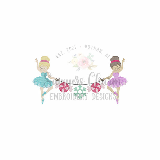 Ballerina peppermint candy, snowflake bunting banner, sketch stitch machine embroidery design, holiday nutcracker, coquette, Merry Christmas