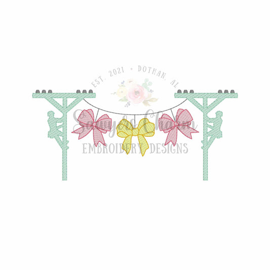 Lineman bunting banner coquette bows sketch stitch machine embroidery design, quick stitch, power line pole construction worker daddy's girl