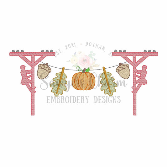 Fall thanksgiving lineman bunting banner sketch stitch machine embroidery design, quick stitch, power line pole leaves, acorn, pumpkin