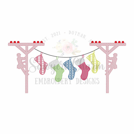 Christmas stockings lineman bunting banner sketch stitch machine embroidery design, quick stitch, power line pole, happy holidays, gifts