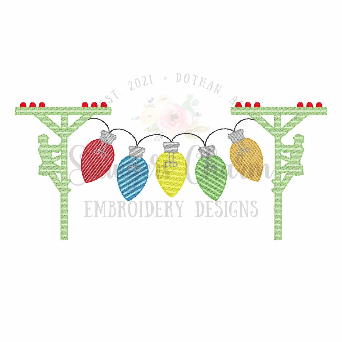 Vintage Christmas light bulbs lineman bunting banner sketch stitch machine embroidery design, quick stitch, power line pole, happy holidays