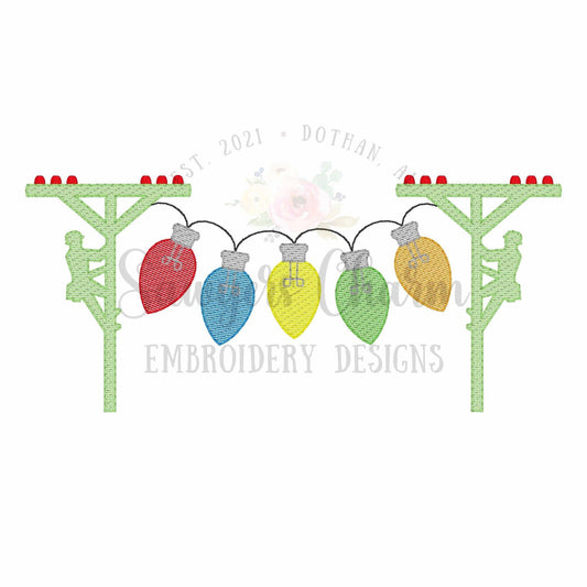 Vintage Christmas light bulbs lineman bunting banner sketch stitch machine embroidery design, quick stitch, power line pole, happy holidays