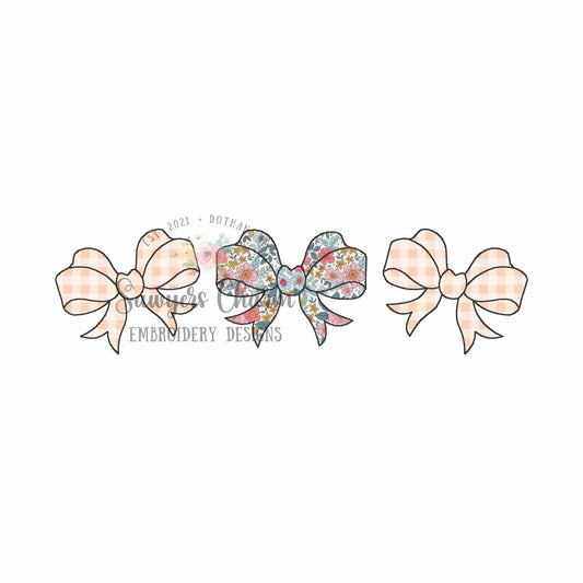 Coquette bows trio bean stitch machine applique, embroidery design file, quick stitch, girls hair ribbon, vintage, streamers, large sizes