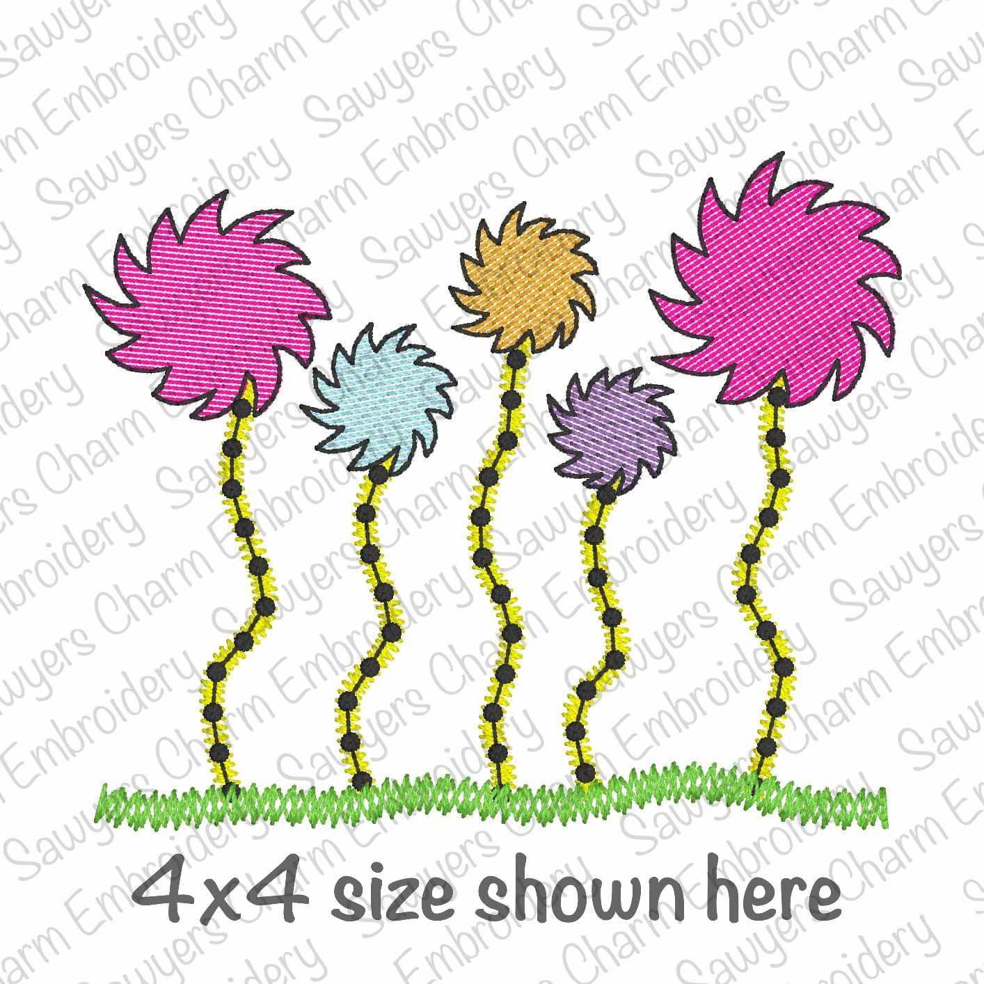 Whimsical flowers sketch stitch machine embroidery design file quick stitch, bean stitch Read Across America, cat hat doctor