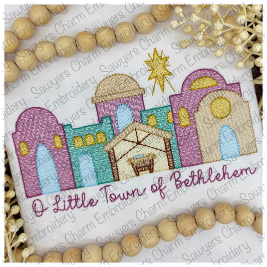 BUNDLE O Little Town of Bethlehem manger scene, baby Jesus sketch stitch machine embroidery design, with/without phrase, Merry Christmas