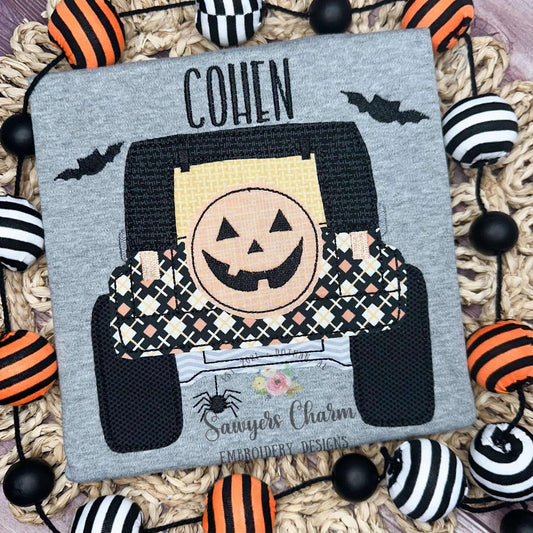 BUNDLE Halloween Off Road SUV vehicle truck bean & zigzag stitch applique, machine embroidery design, spooky spider, bats, jackolantern tire