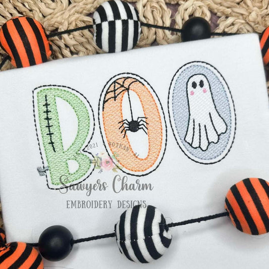 BOO boy with bows sketch stitch machine embroidery design file, fall, Halloween, spiderweb, ghost, Frankenstein, spooky, scary season