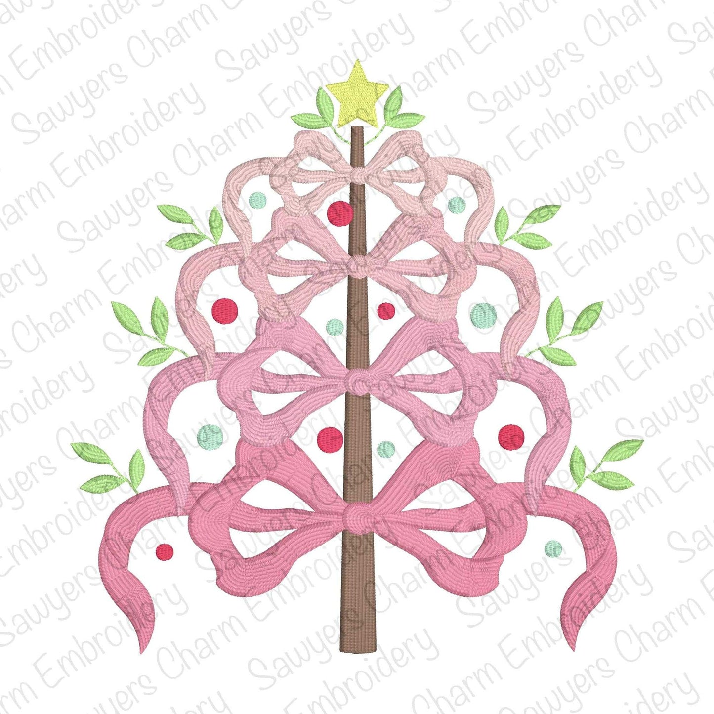 Coquette Bows Christmas tree with ornaments satin stitch machine embroidery design file, quick stitch, happy holiday, star, ribbon, branches