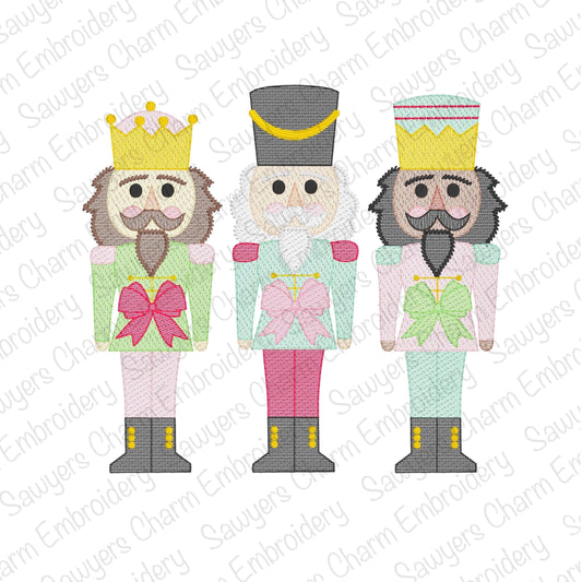 Nutcrackers with bow trio sketch stitch machine embroidery design, happy holidays, coquette, Merry Christmas, crown, royalty