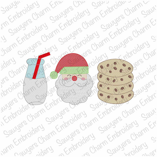 Santa Claus milk & stacked chocolate chip cookies sketch stitch trio machine embroidery file, happy holidays, Merry Christmas, quick stitch