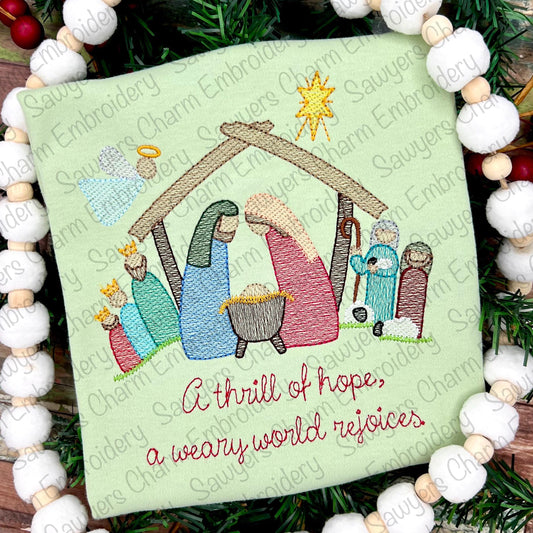 Nativity manger scene, Bethlehem star sketch stitch machine embroidery design file, shepherds, wise men, angel, baby Jesus, Christmas