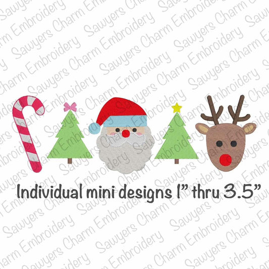 BUNDLE Christmas mini fill designs machine embroidery file, reindeer, Santa Claus, candy cane, tree with bow & star, happy holiday, monogram