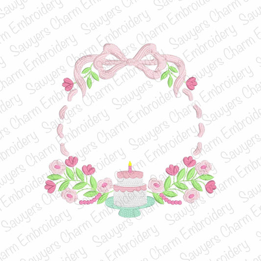 Floral birthday monogram frame, satin stitch/fill stitch machine embroidery design file, coquette bow, crest, ribbons, cake, candle, laurel