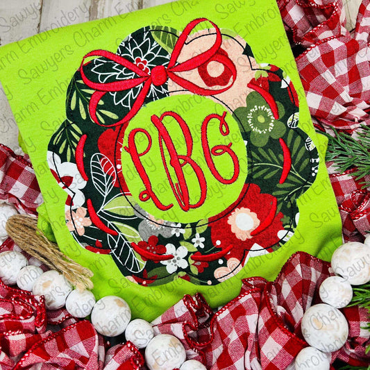 BUNDLE Christmas wreath with bow & laces bean and zigzag stitch applique, machine embroidery design, happy holidays, coquette, girl, merry