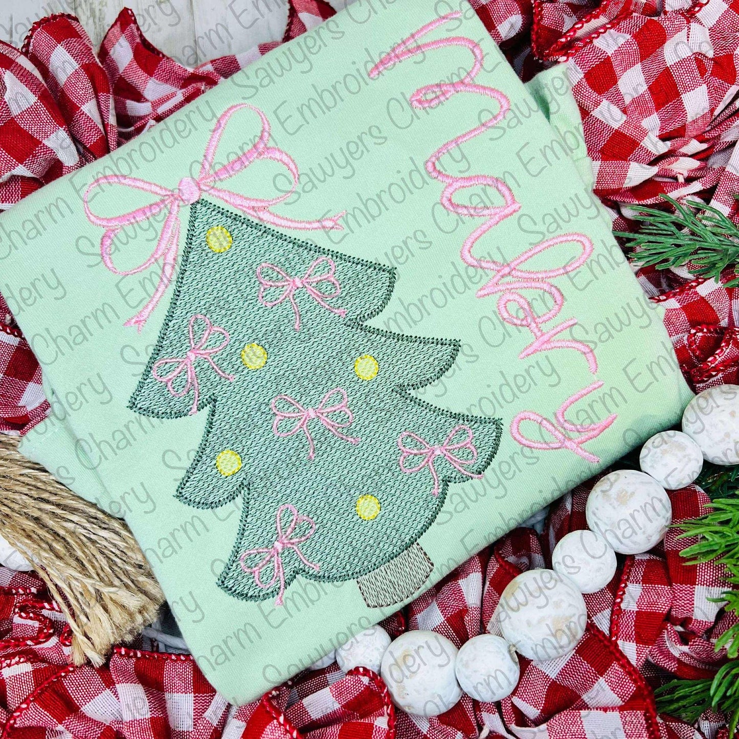Coquette Christmas tree trio with bows & ornaments sketch stitch machine embroidery design file, quick stitch, happy holidays, woodland