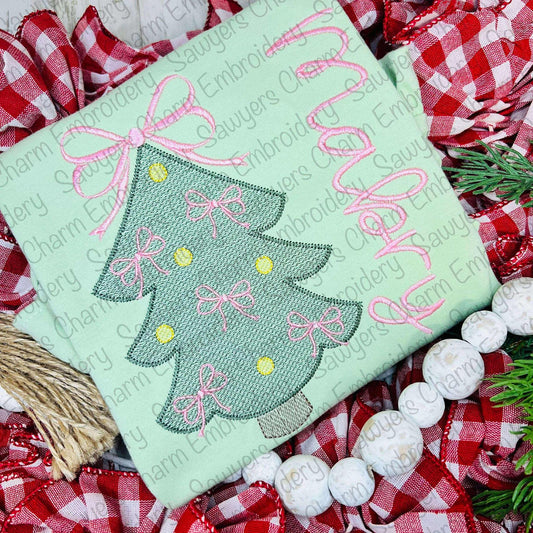 Coquette Christmas tree trio with bows & ornaments sketch stitch machine embroidery design file, quick stitch, happy holidays, woodland