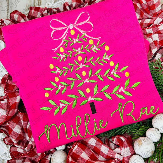 Coquette Christmas tree with bow & ornaments fill stitch, machine embroidery design file, happy holidays, holly berry vine branches, merry