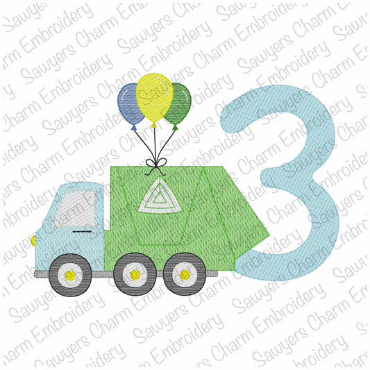 Garbage truck with number THREE & birthday balloons sketch stitch machine embroidery design file, construction vehicle, city truck, trash