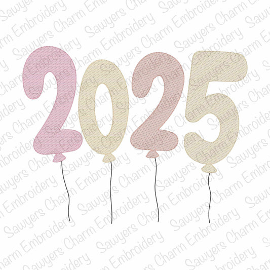 2025 Balloons, Happy New Year light fill sketch stitch machine embroidery design file, quick stitch, happy holidays, celebration, party