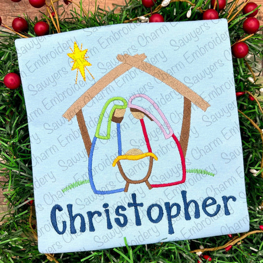 Nativity manger scene, Bethlehem star satin stitch machine embroidery design file, baby Jesus, Mary, Joseph, quick stitch, Christmas holiday