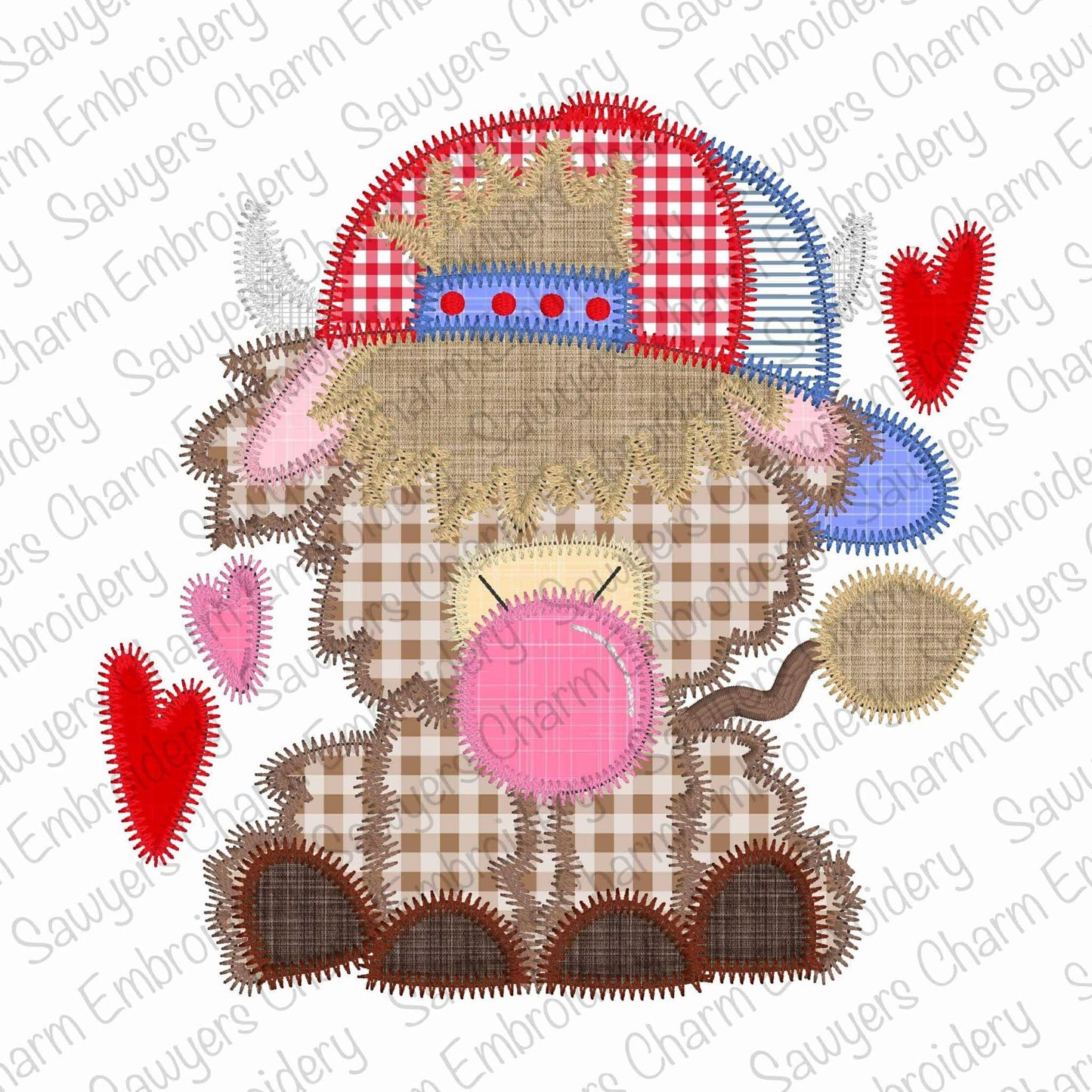 Highland cow baseball cap/hat & hearts chewing gum zig zag stitch machine applique embroidery design file, Valentine's Day, love, farm