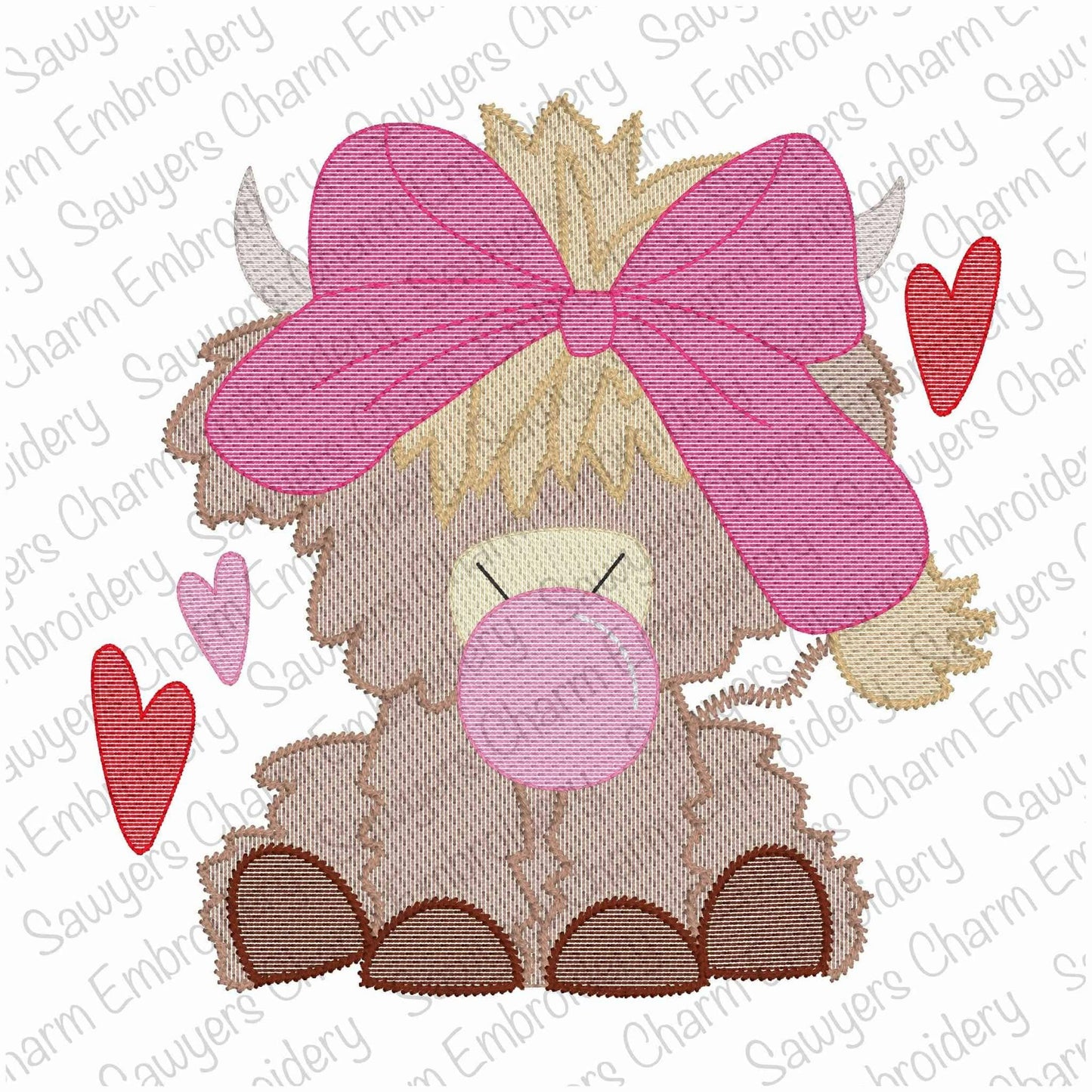 Highland cow with bow & hearts chewing gum sketch stitch machine applique embroidery design file, Valentine's Day, love, coquette farm girl