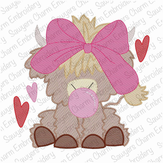 Highland cow with bow & hearts chewing gum sketch stitch machine applique embroidery design file, Valentine's Day, love, coquette farm girl
