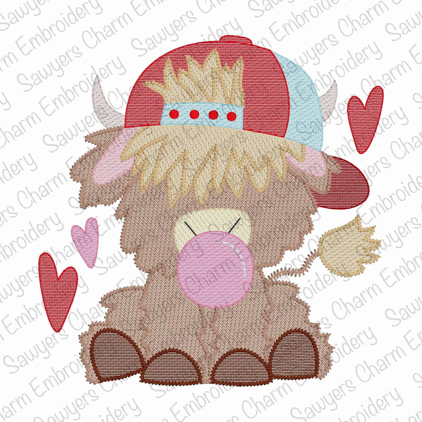 Highland cow with ball cap/hat & hearts chewing gum sketch stitch machine applique embroidery design file, Valentine's Day, love, farm