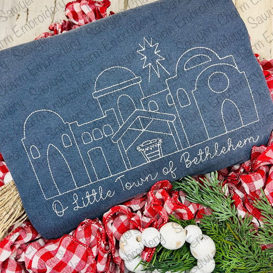 BUNDLE O Little Town of Bethlehem manger scene, baby Jesus bean stitch outline machine embroidery design, with/without phrase, Christmas