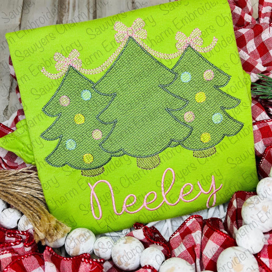 BUNDLE Christmas tree trio with bows & stars sketch stitch machine embroidery design file, quick stitch, ornaments, holidays, boho, woodland