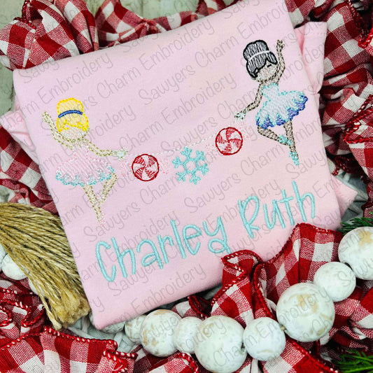 Ballerina peppermint candy, snowflake bunting banner, sketch stitch machine embroidery design, holiday nutcracker, coquette, Merry Christmas