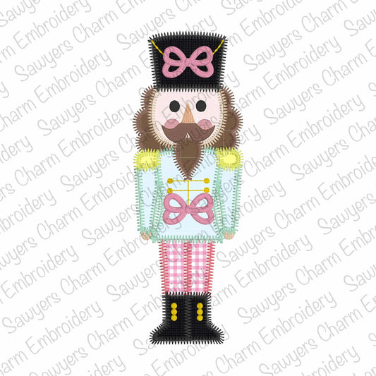 Nutcracker with bows zig zag stitch machine embroidery applique design, happy holidays, coquette, Merry Christmas, royal soldier, girl