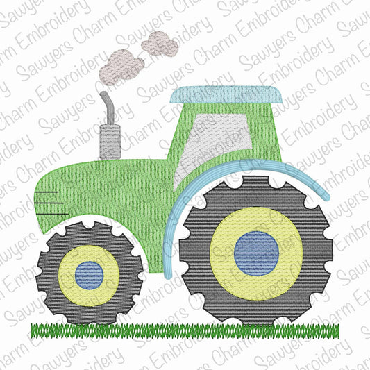Tractor with smoke sketch stitch machine embroidery design file, quick stitch, spring harvest, farm, farmer, field
