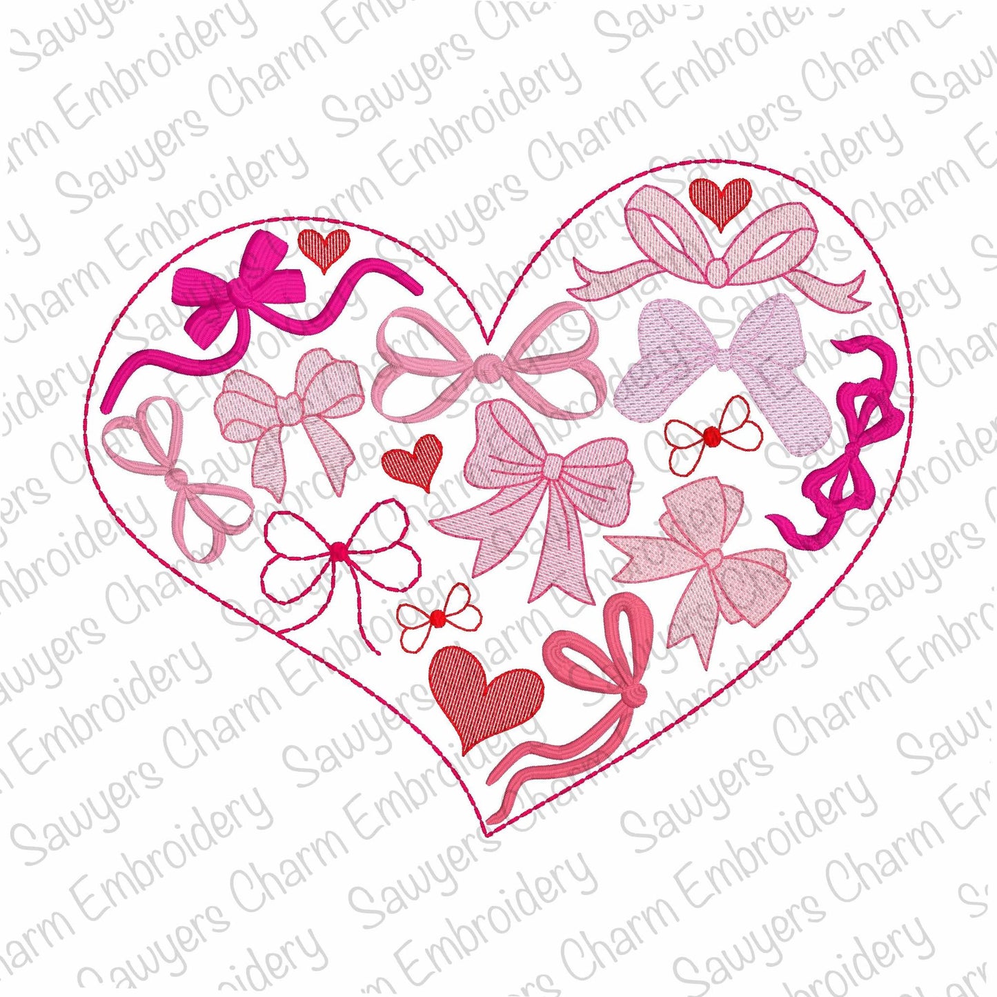 Coquette bows heart, sketch/bean/satin stitch, machine embroidery design, quick stitch, vintage retro, girl ribbon, Valentine's Day love