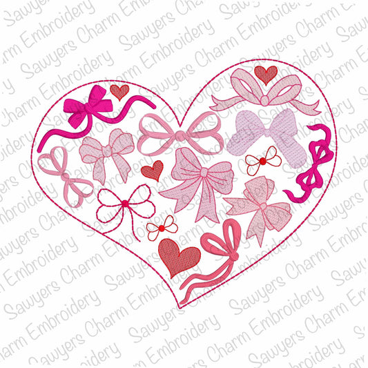 Coquette bows heart, sketch/bean/satin stitch, machine embroidery design, quick stitch, vintage retro, girl ribbon, Valentine's Day love
