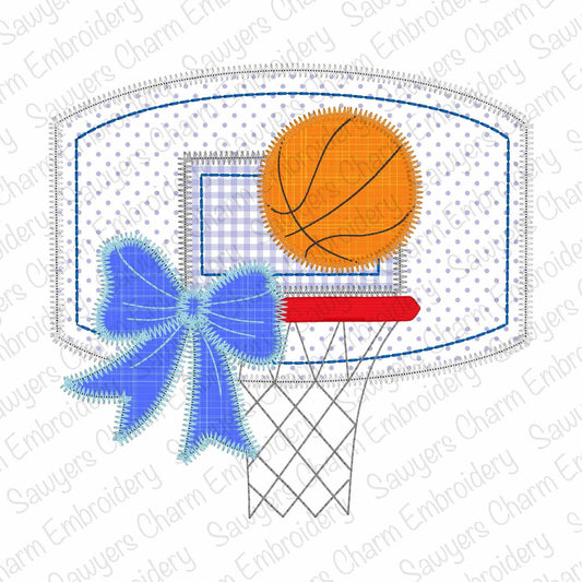 BUNDLE basketball goal plate with coquette bow machine embroidery design file, bean & zig zag stitch, quick stitch, sports fan game day, net