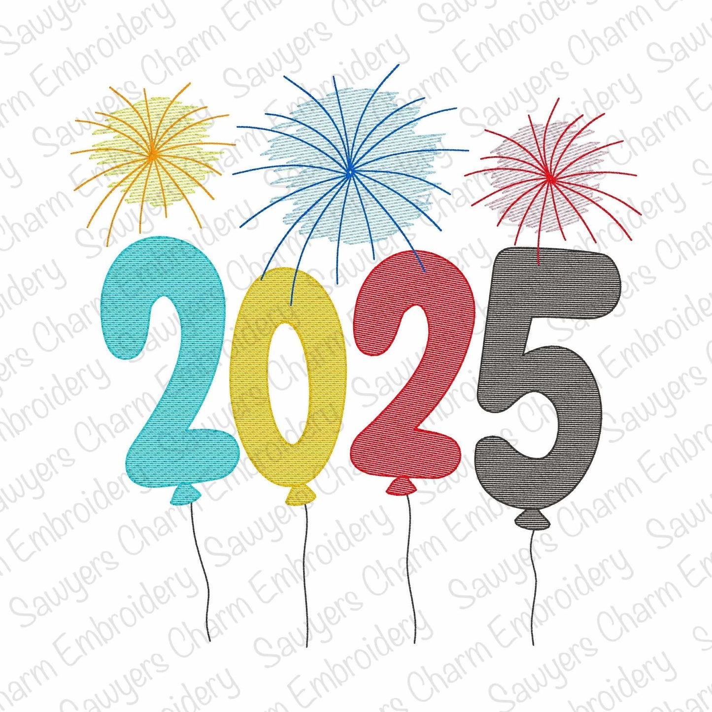 2025 Balloons with fireworks, New Years light fill sketch stitch machine embroidery design file, quick stitch, happy holidays, celebration