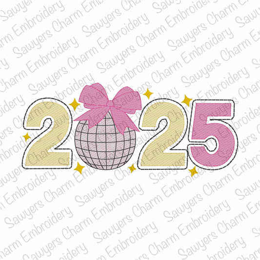 2025 Coquette disco ball with bow light fill sketch stitch machine embroidery design file, quick stitch, large sizes, Happy New Year