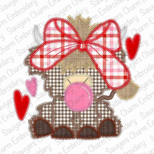 Highland cow with bow & hearts chewing gum zig zag stitch machine applique embroidery design file, Valentine's Day, love, coquette farm girl
