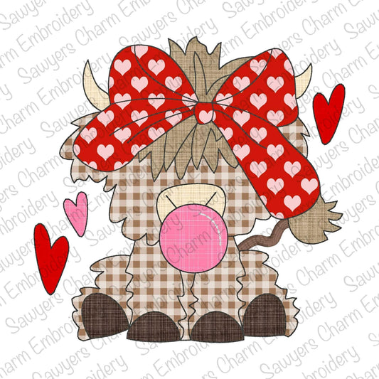 Highland cow with bow & hearts chewing gum bean stitch machine applique embroidery design file, Valentine's Day, love, coquette farm girl
