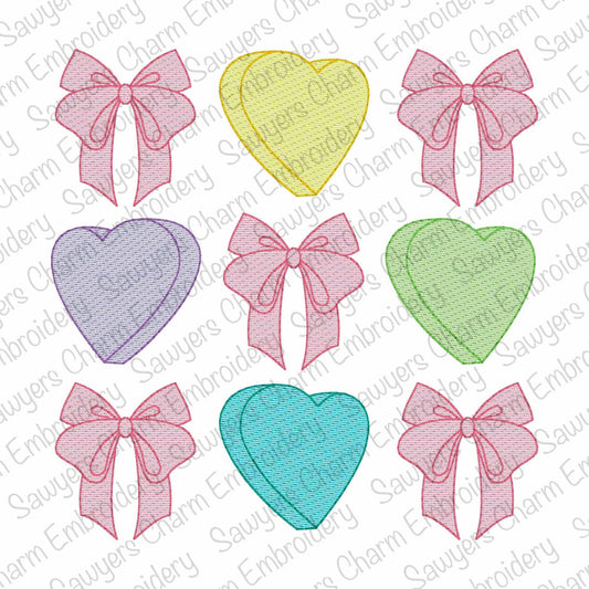 Coquette bows conversation candy hearts grid, sketch stitch machine embroidery design, love XOXO hugs & kisses, Valentine's Day, large sizes