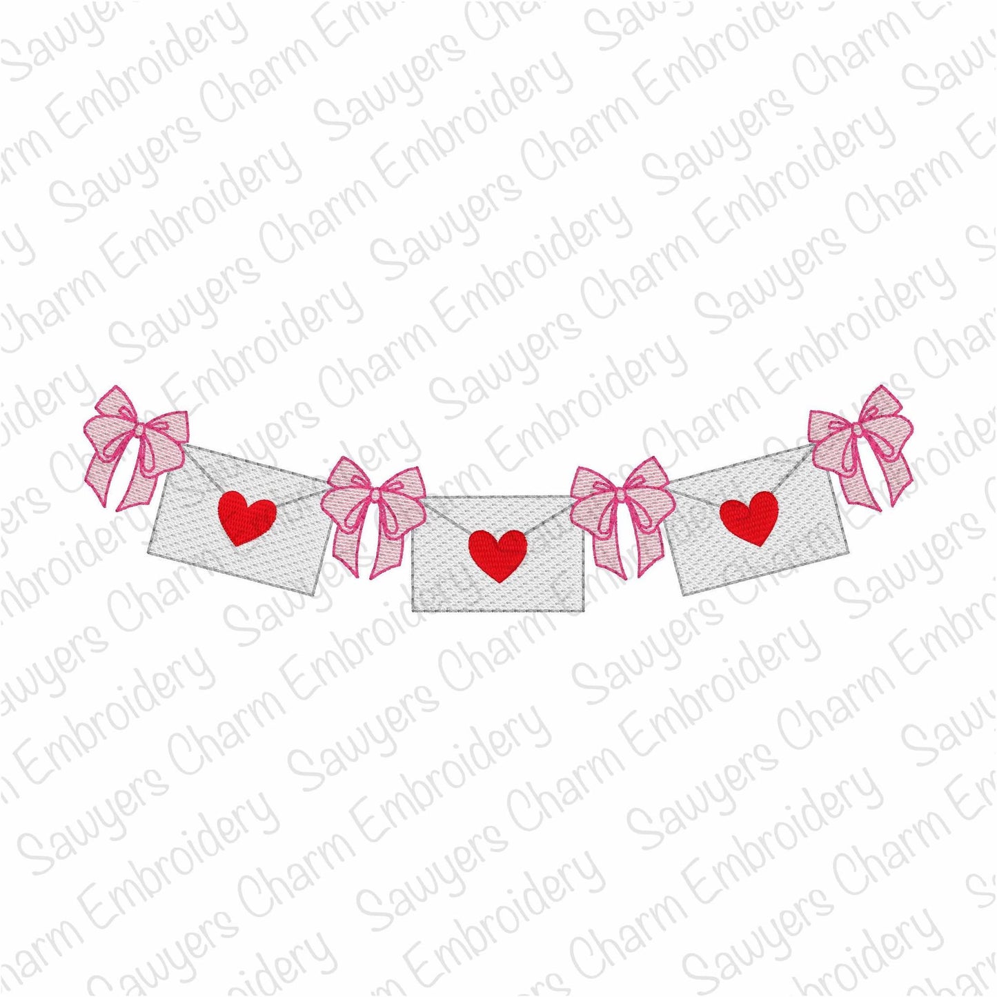 Coquette bows Valentine's Day envelopes bunting banner, sketch stitch machine embroidery design, love, XOXO, hugs & kisses, monogram frame