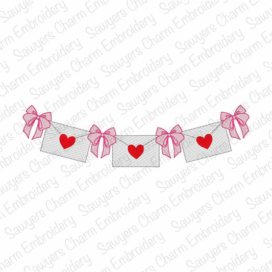 Coquette bows Valentine's Day envelopes bunting banner, sketch stitch machine embroidery design, love, XOXO, hugs & kisses, monogram frame