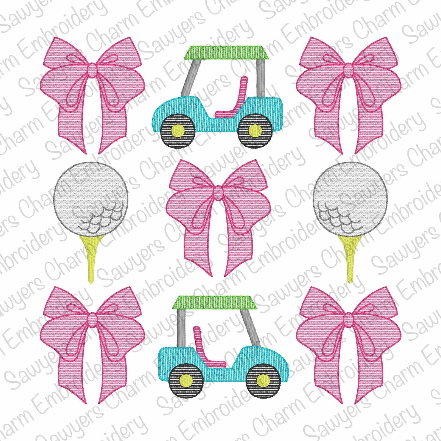 Coquette bows golf cart/golf ball tee grid, sketch stitch machine embroidery design, quick stitch, spring sports, large sizes, masters
