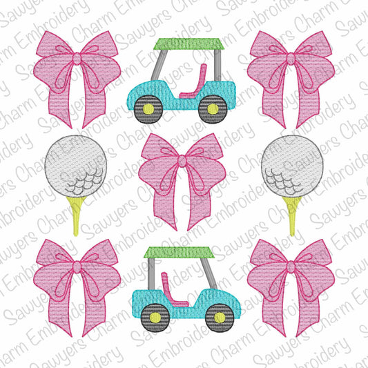 Coquette bows golf cart/golf ball tee grid, sketch stitch machine embroidery design, quick stitch, spring sports, large sizes, masters