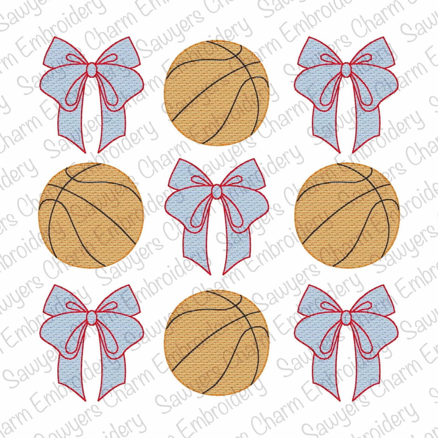 Coquette bows basketball grid, sketch stitch machine embroidery design, quick stitch, spring sports, large sizes, player, fan, court