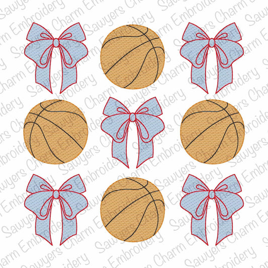 Coquette bows basketball grid, sketch stitch machine embroidery design, quick stitch, spring sports, large sizes, player, fan, court