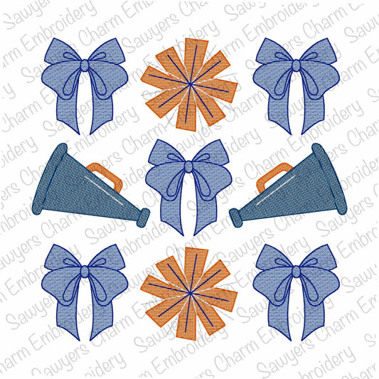 Coquette bows cheerleading grid, sketch stitch machine embroidery design, quick stitch, fall sports, large sizes, pom poms, megaphone, fan