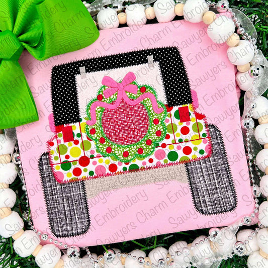 BUNDLE Christmas wreath with bow tire Off Road SUV vehicle truck bean & zigzag stitch applique, machine embroidery design, happy holidays