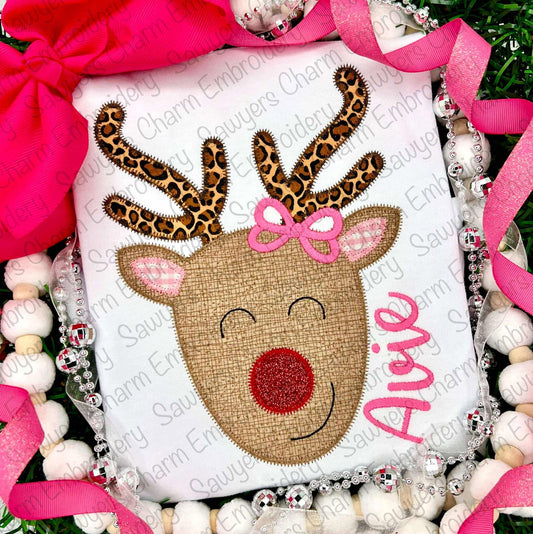 BUNDLE Rudolph red nose reindeer zigzag stitch machine applique embroidery file, with/without bow, happy holidays, Merry Christmas, coquette